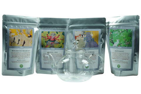 Loose-leaf tea gift set including four of Char's best teas with a glass teapot